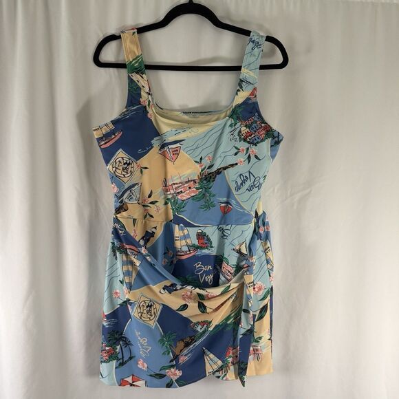 Old Navy Other - Old Navy Swim Dress Women's XL Blue Beach Print One Piece Wrap Front Padded